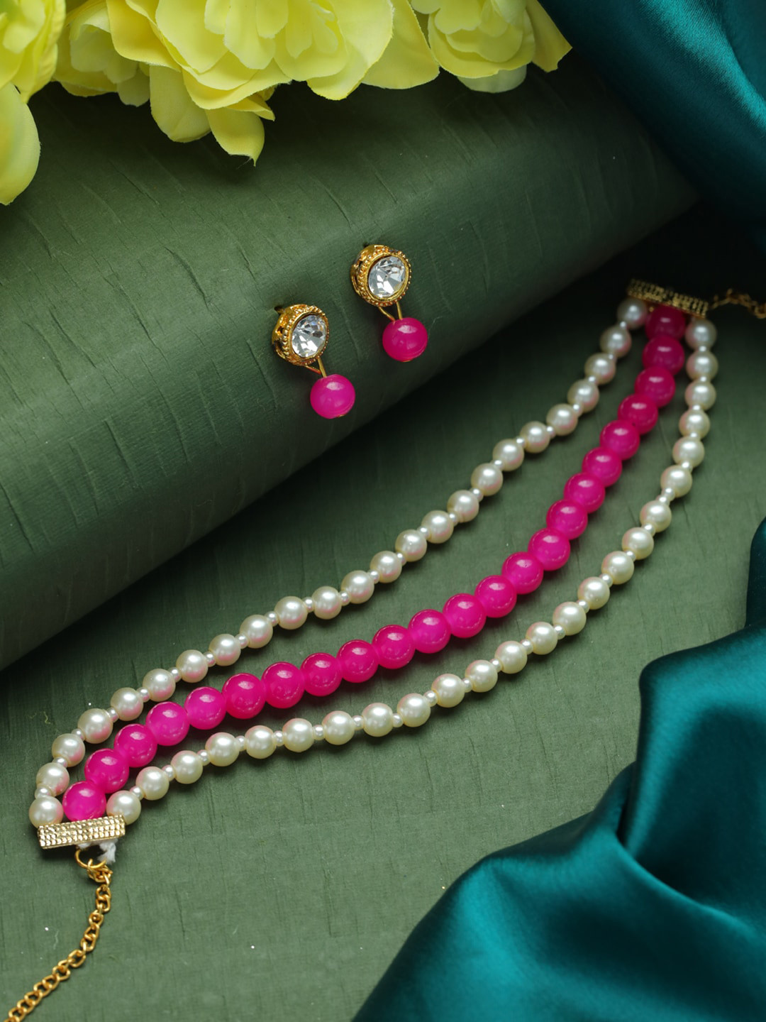 Jazz and Sizzle Gold-Plated Pink & White Stone Studded & Pearl Beaded Jewellery Set