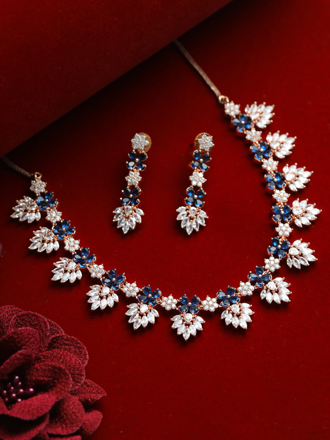 Jazz and Sizzle Rose Gold-Plated Blue & white AD-Studded Jewellery Set