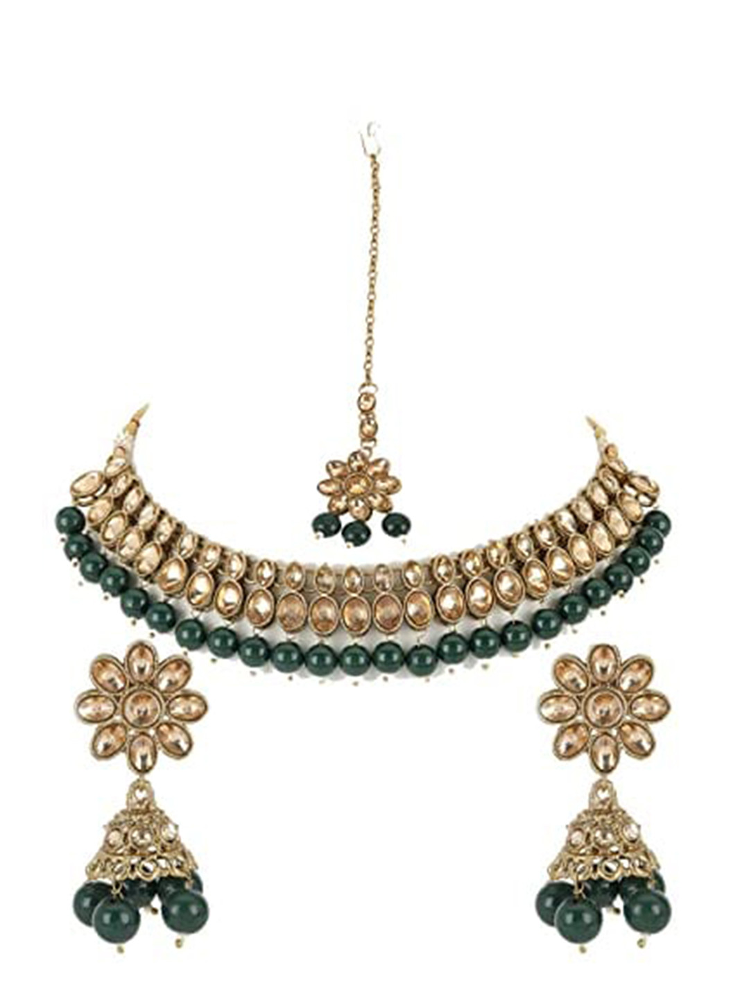 Jazz and Sizzle Gold-Plated Green Kundan & Bead Studded Jewellery Set