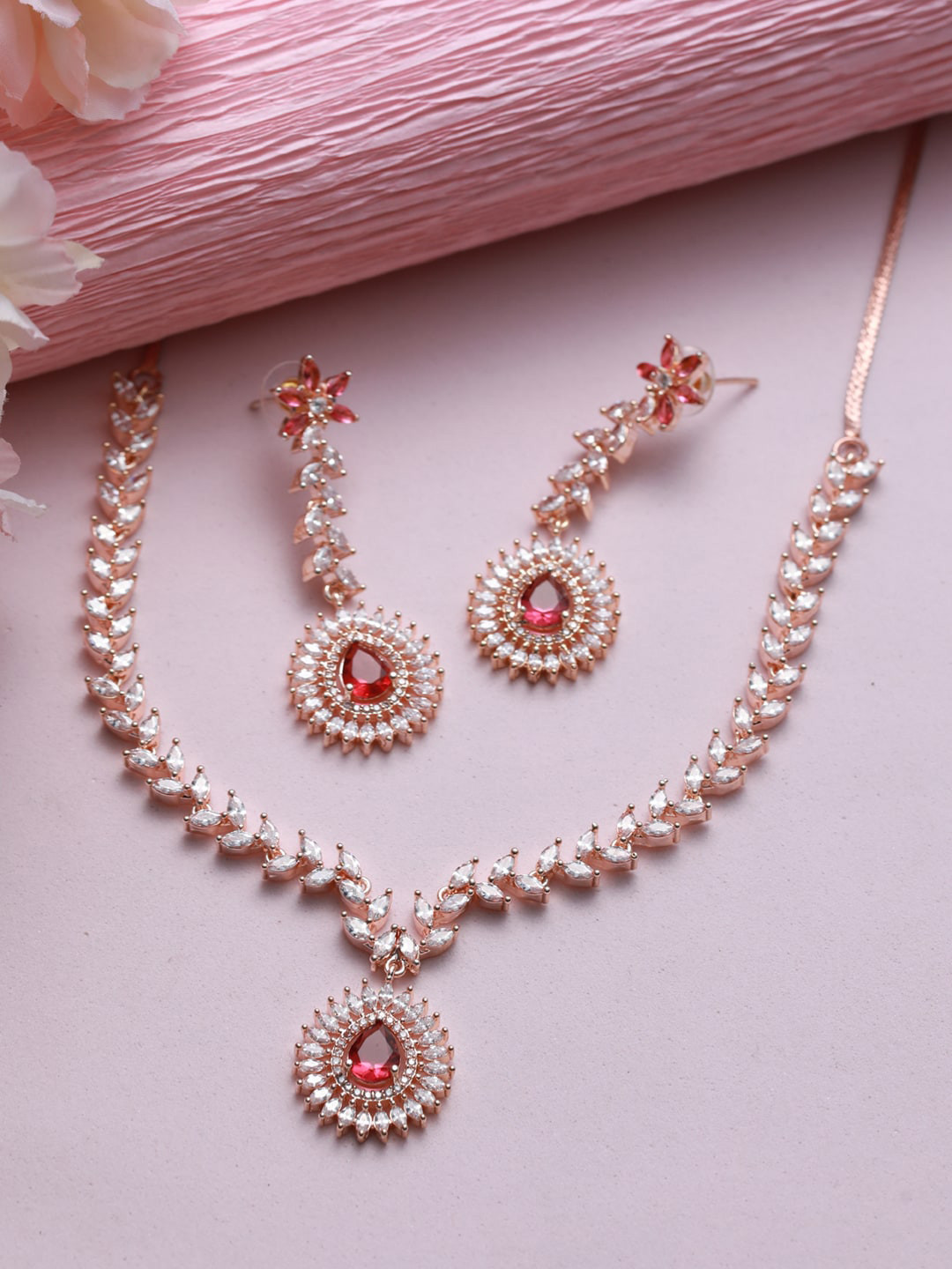 Jazz and Sizzle Rose-Gold Plated Rose Gold Toned AD & CZ Studded Jewellery Set