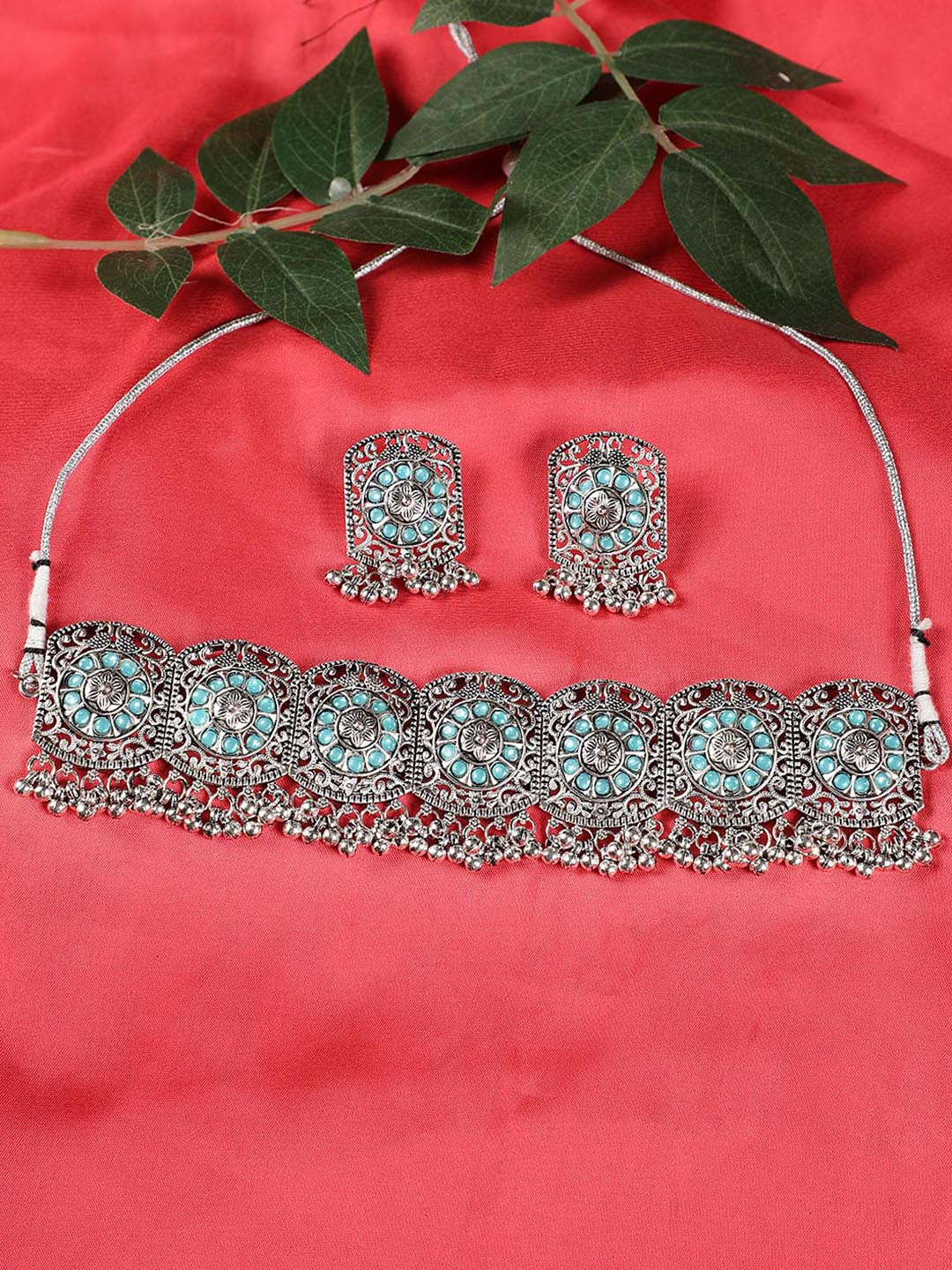 Jazz and Sizzle Silver-Plated & Blue Stone Studded Choker Jewellery Set