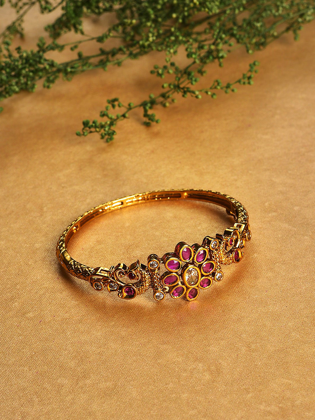 Jazz and Sizzle Women Gold-Toned & Pink Brass American Diamond Antique Gold-Plated Kada Bracelet
