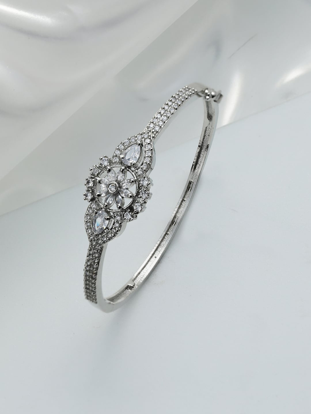 Jazz and Sizzle Women White Brass American Diamond Silver-Plated Bangle-Style Bracelet