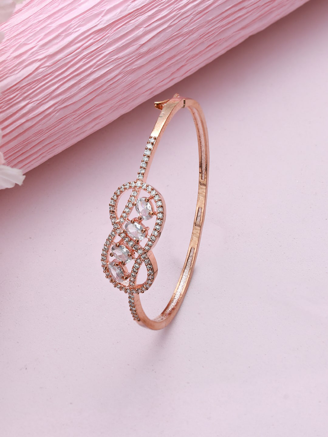 Jazz and Sizzle Women Rose Gold & White Brass American Diamond Rose Gold-Plated Bangle-Style Bracelet