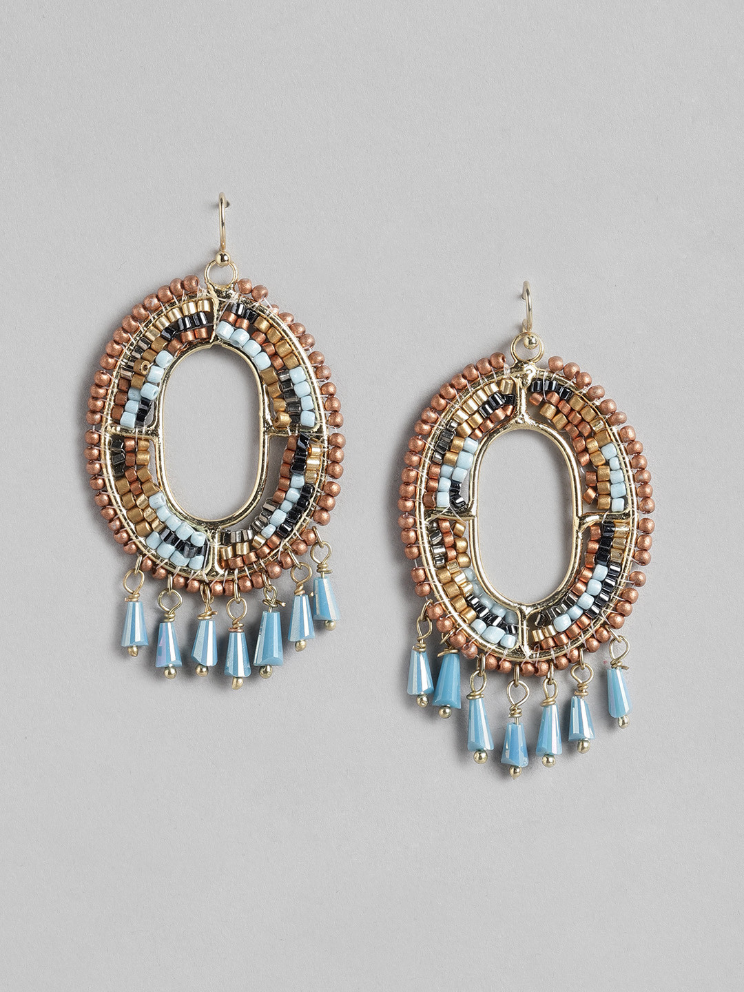 RICHEERA Blue & Gold-Toned Beaded Oval Drop Earrings