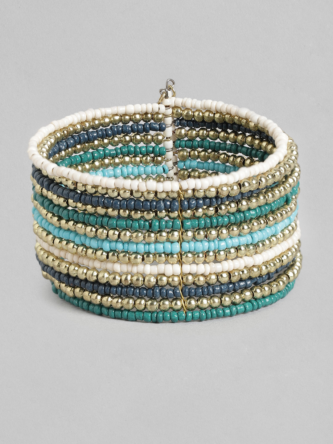 RICHEERA Women Blue & Green Beaded Cuff Bracelet