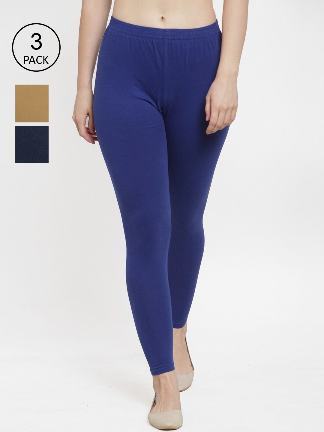 Jinfo Women Grey, Beige and Dark Blue Pack of 3  Solid Cotton Ankle-Length Leggings