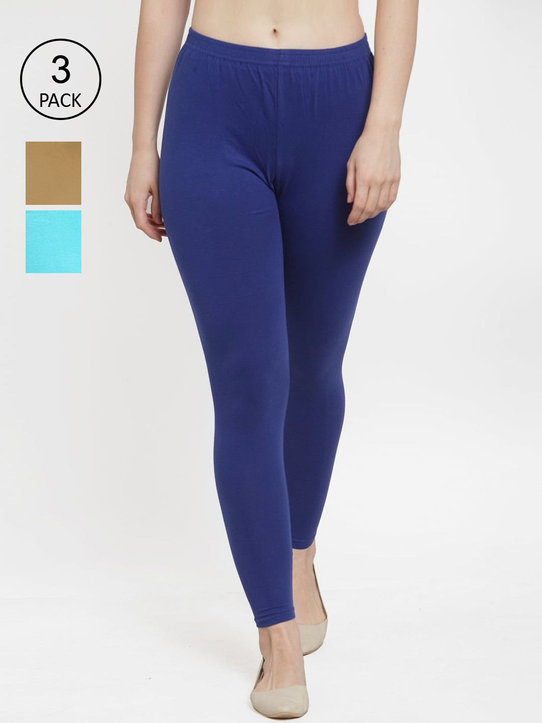 Jinfo Women Pack Of 3 Blue & Beige Colored Solid Ankle Length Leggings