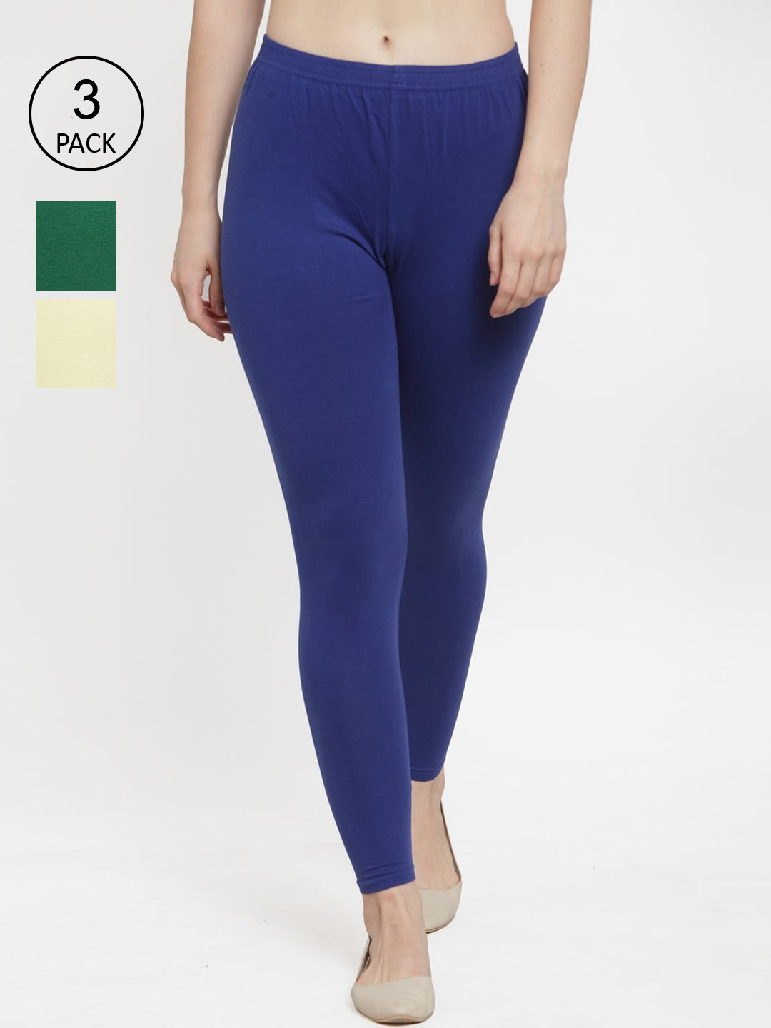 Jinfo Women Blue And Green Pack Of 3 Solid Ankle Length Leggings