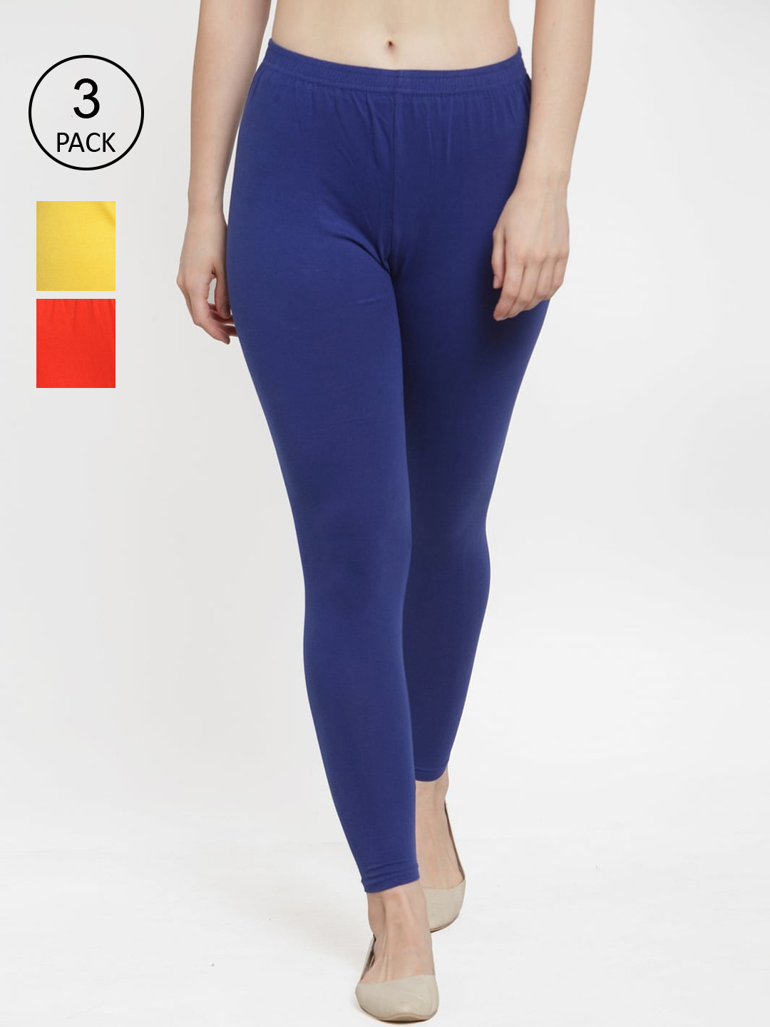 Jinfo Women Pack Of 3 Blue ,Yellow & Orange Solid Ankle Length Leggings