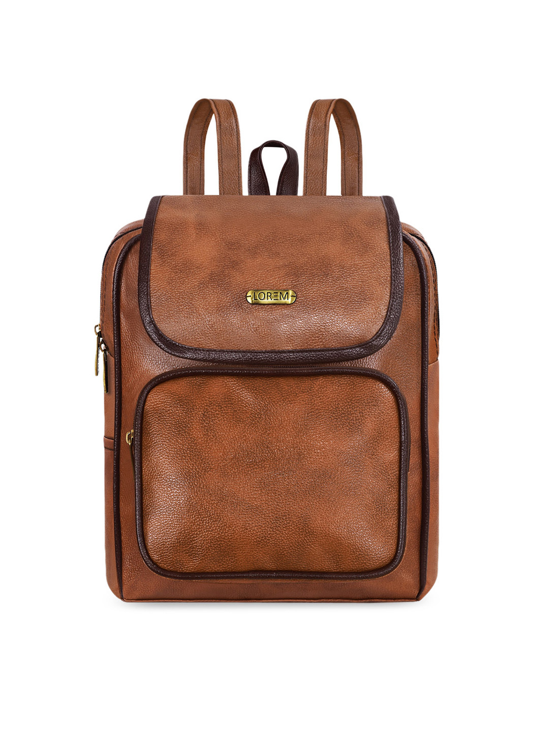 LOREM Women Brown & Black Leather Backpack