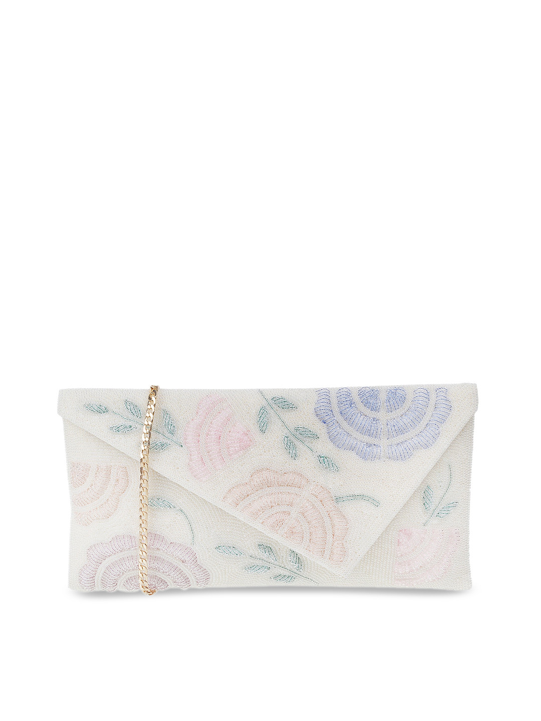 Metro Off White & Green Embroidered Envelope Clutch