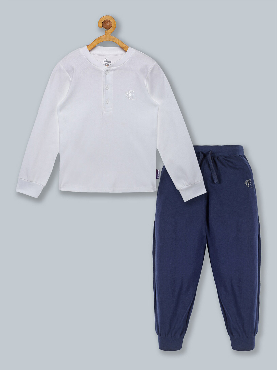 KiddoPanti Kids White & Navy Blue Solid Pure Cotton Tracksuit