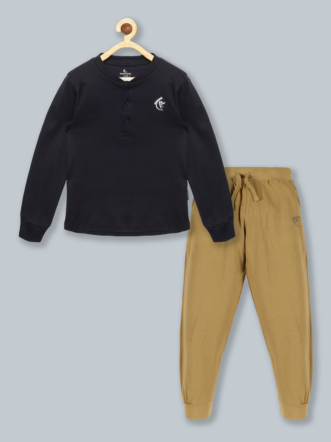 KiddoPanti Kids Black & Khaki-Coloured Solid Pure Cotton Tracksuit