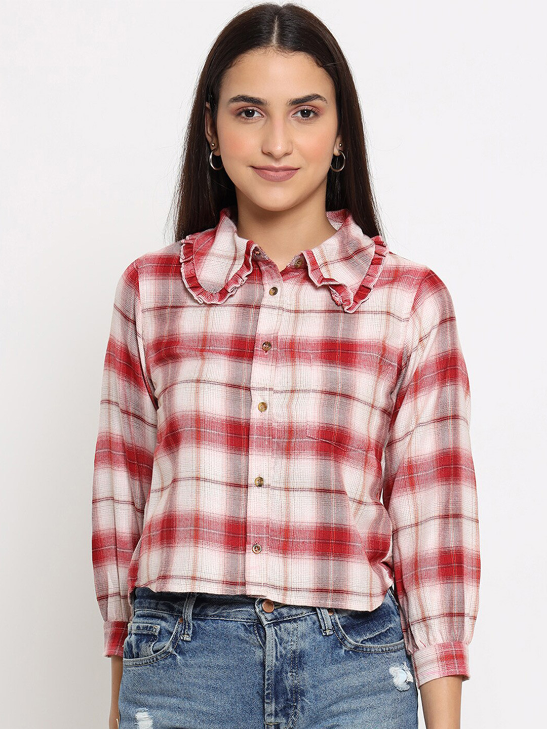 MARC LOUIS Women Red Smart Tartan Checks Checked Casual Shirt