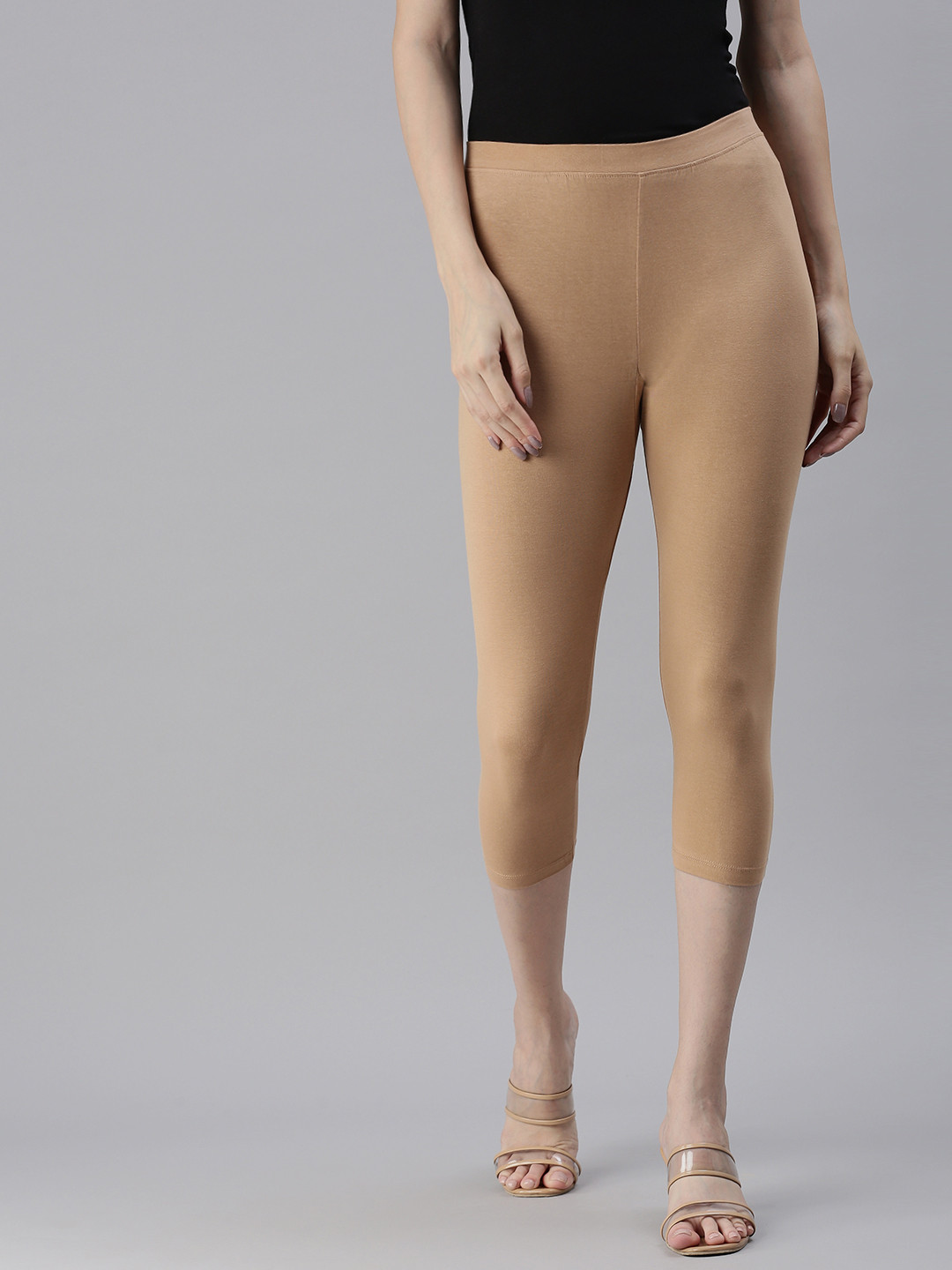Kryptic Women Camel Brown Three-Fourth Length Leggings