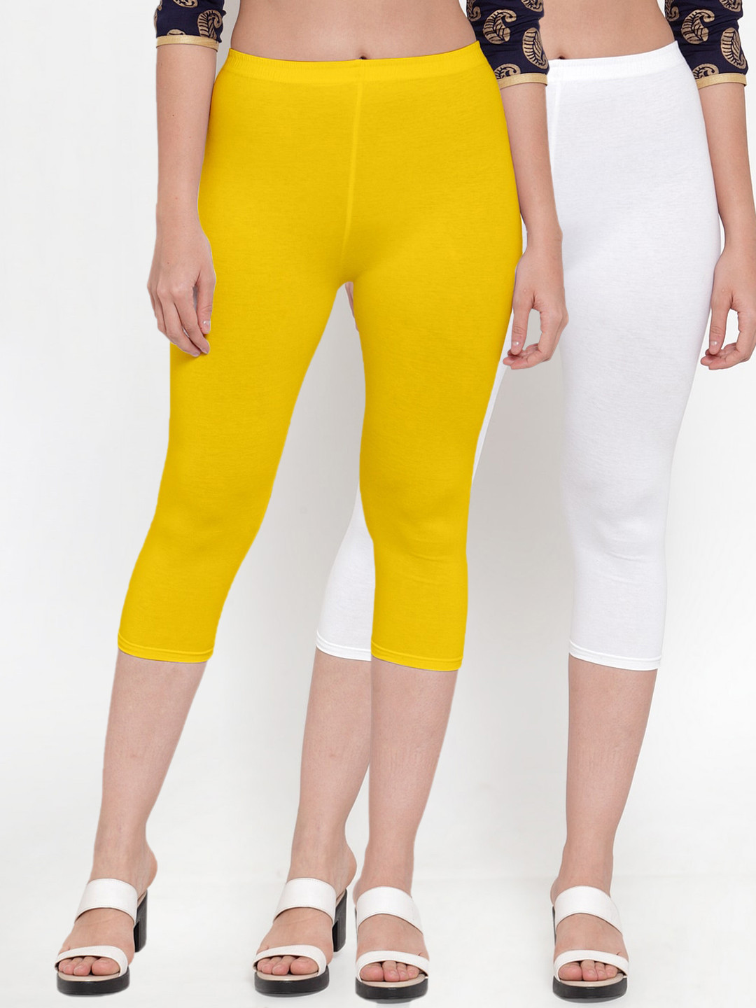 Jinfo Pack of 2 Women White & Yellow Capris
