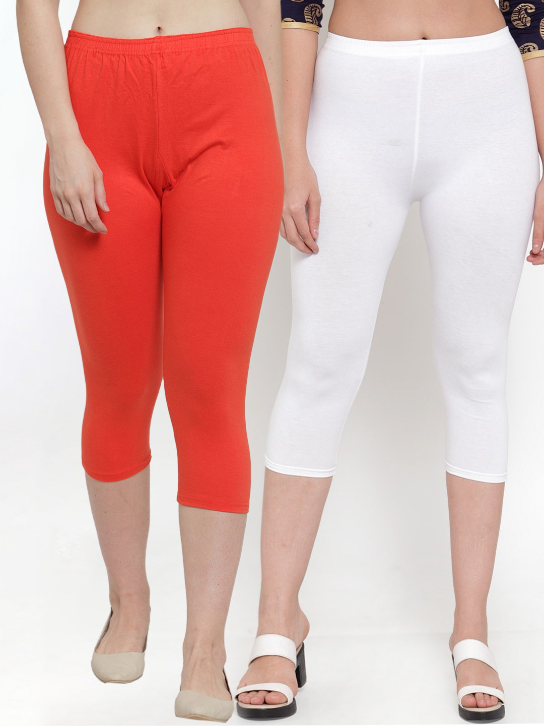 Jinfo Women Pack of 2 White & Orange Solid Capris