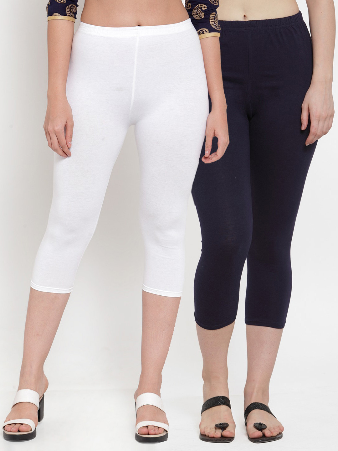 Jinfo Pack Of 2 Women White & Navy Blue Cotton Capri