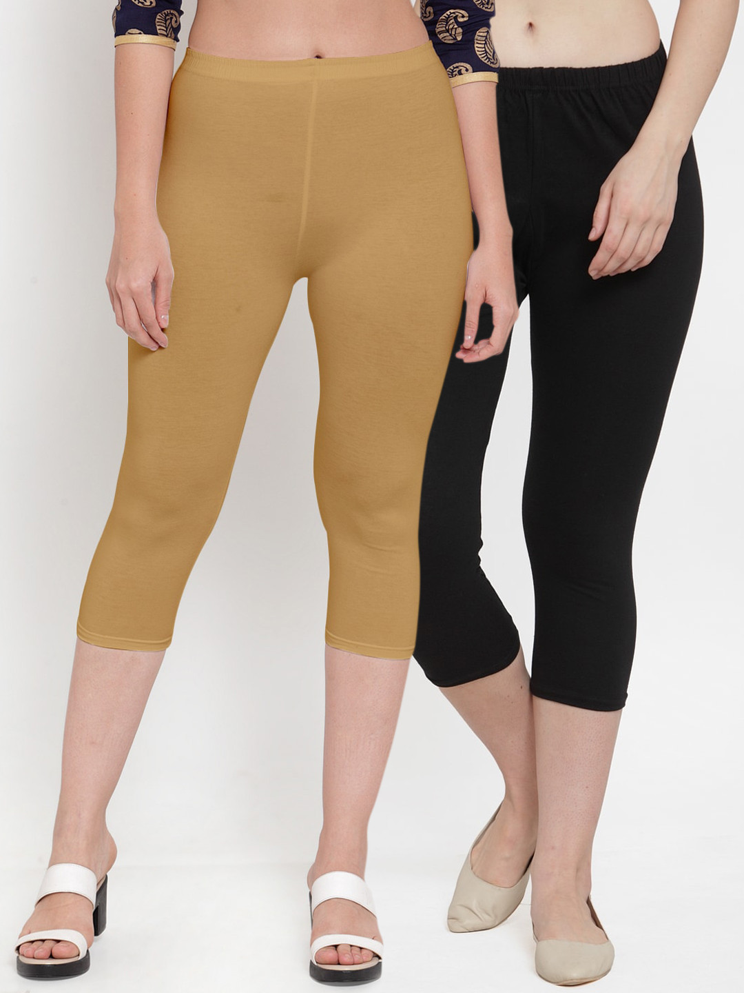 Jinfo Women Pack of 2 Black and Beige Cotton Lycra Capris
