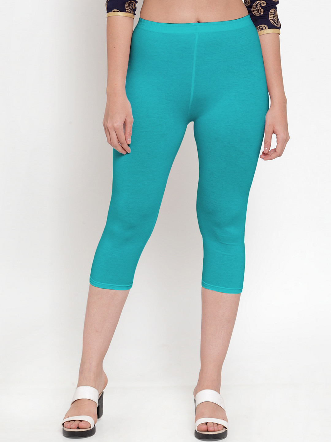 Jinfo Women Blue Cotton Lycra  Capris