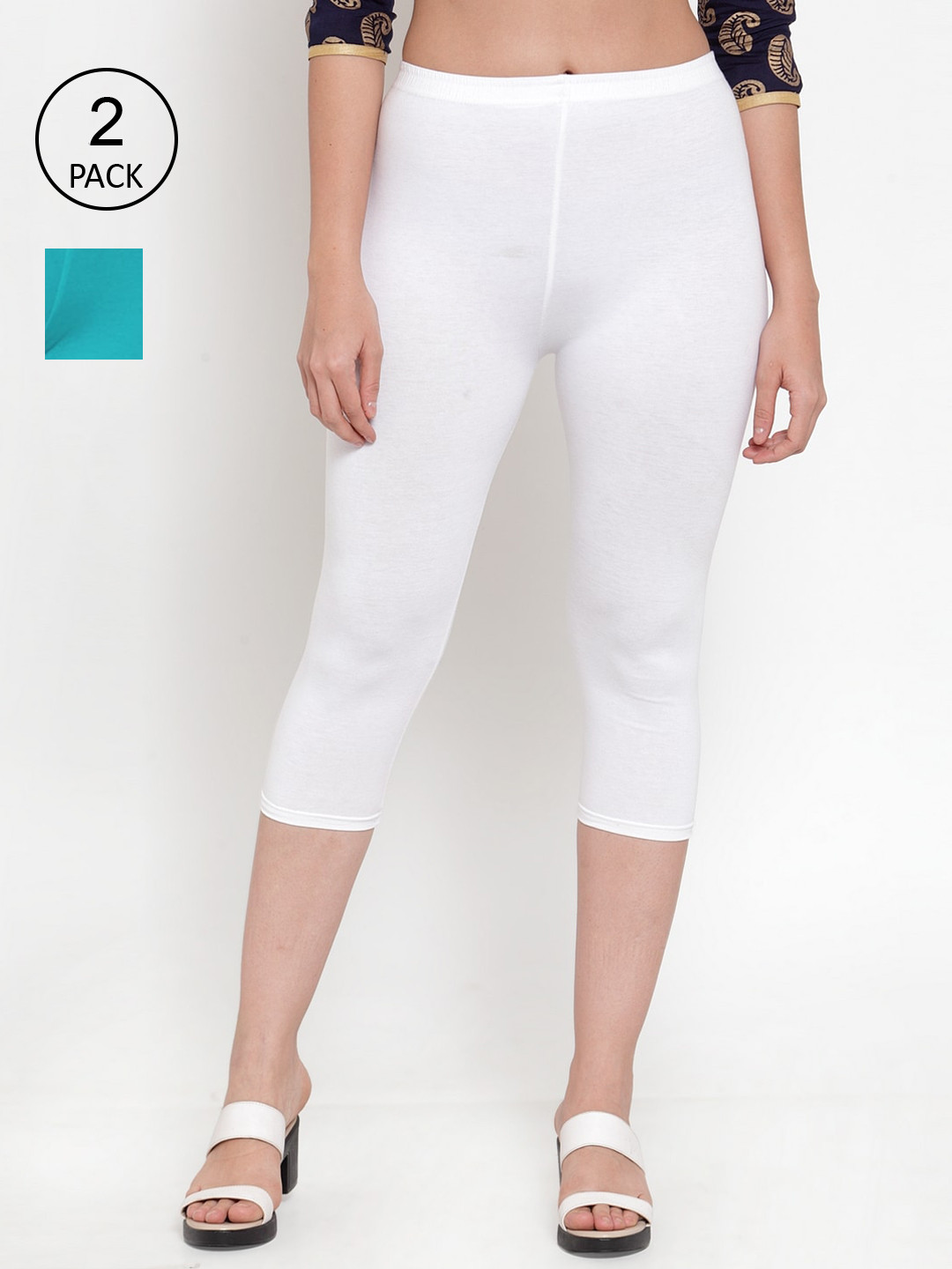 Jinfo Women Pack of 2 White & Turquoise Blue Solid Capris
