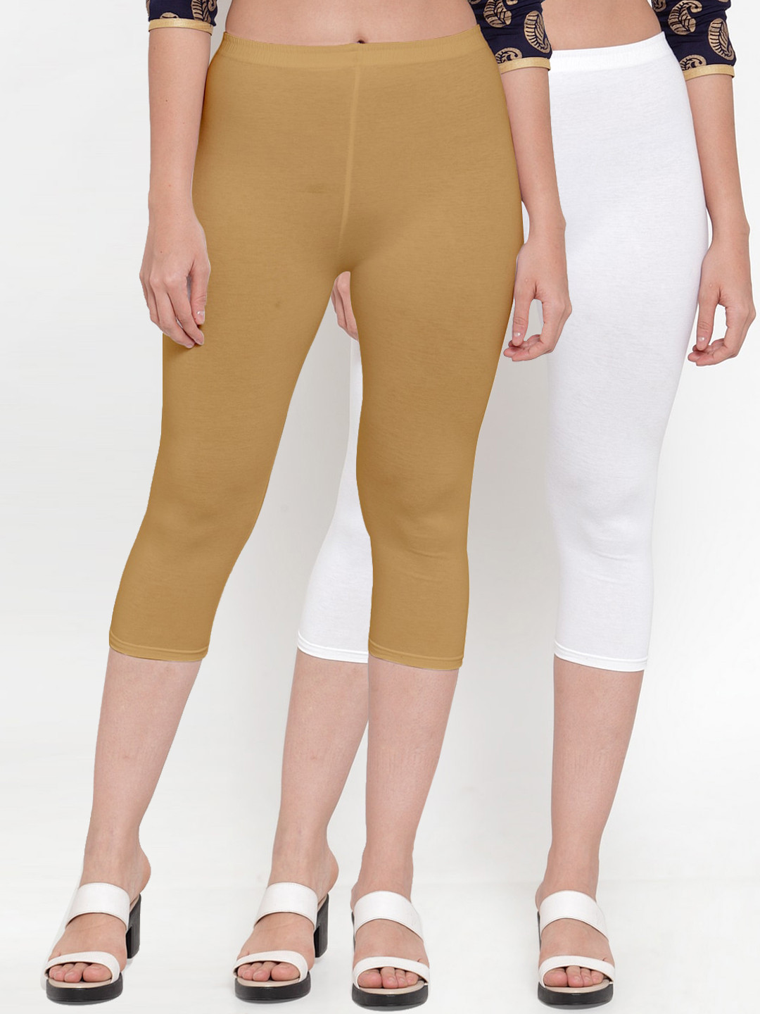 Jinfo Women Pack Of 2 White & Beige Capris