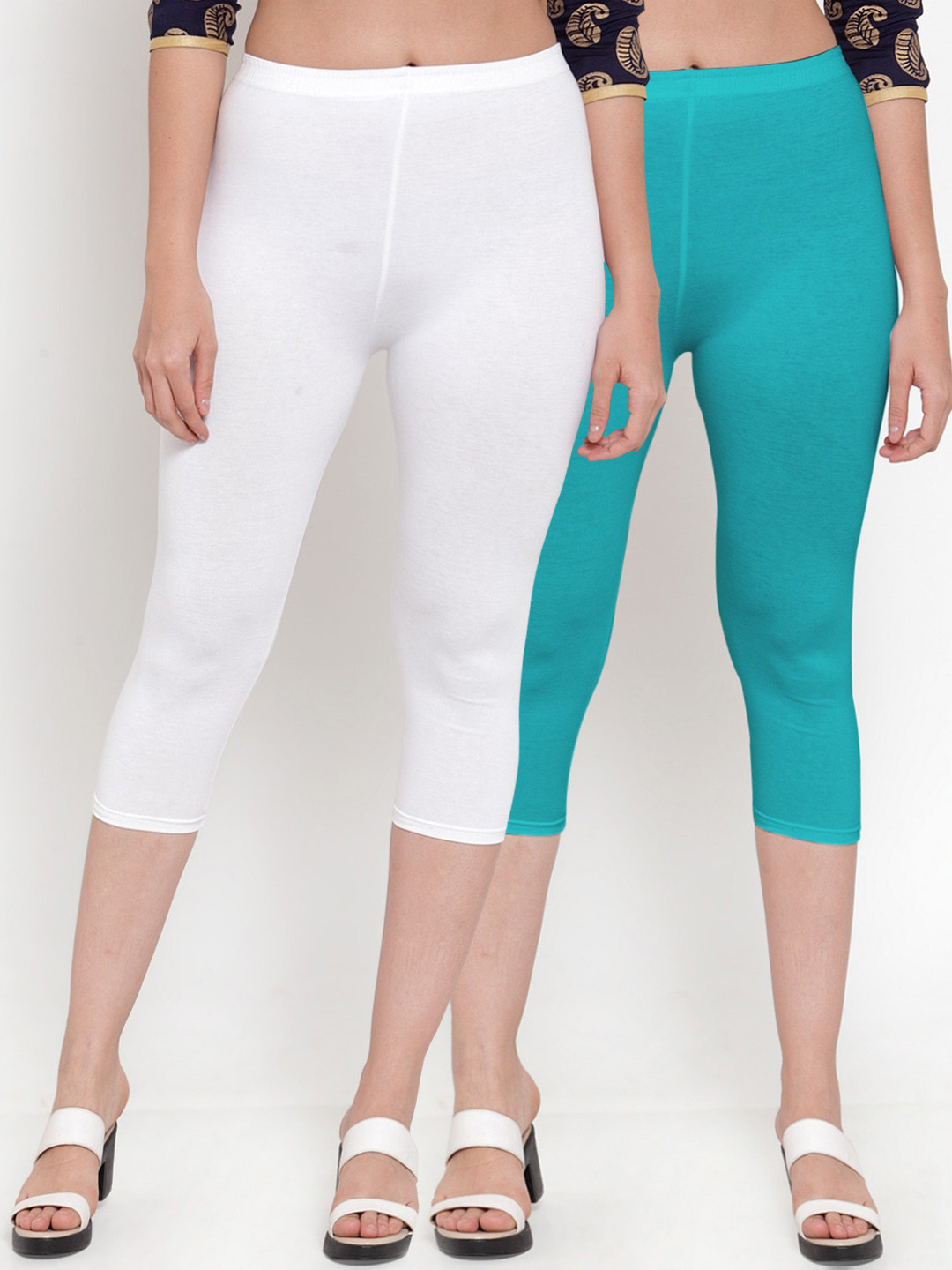 GRACIT Women White Aqua Super Combo Cotton Lycra Capri