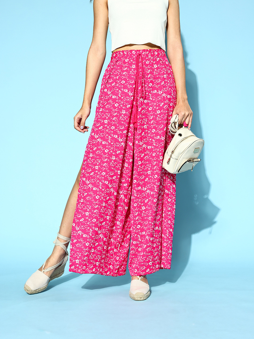Berrylush Women Pretty Pink Floral Peekaboo Slit Wide LegTrousers