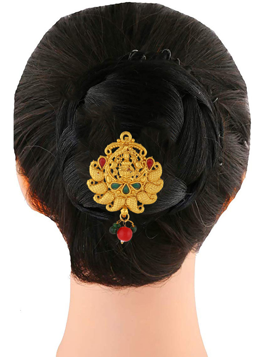 Sanjog Gold-Plated Red & Green Kundan-Studded & Beaded Hair Brooch