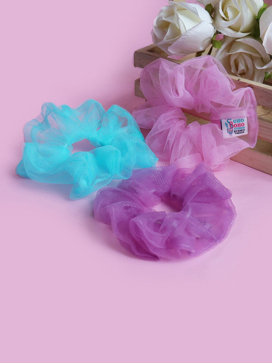 Soho Boho Studio Pack of 3 Women Turquoise Blue & Purple Ponytail Holders