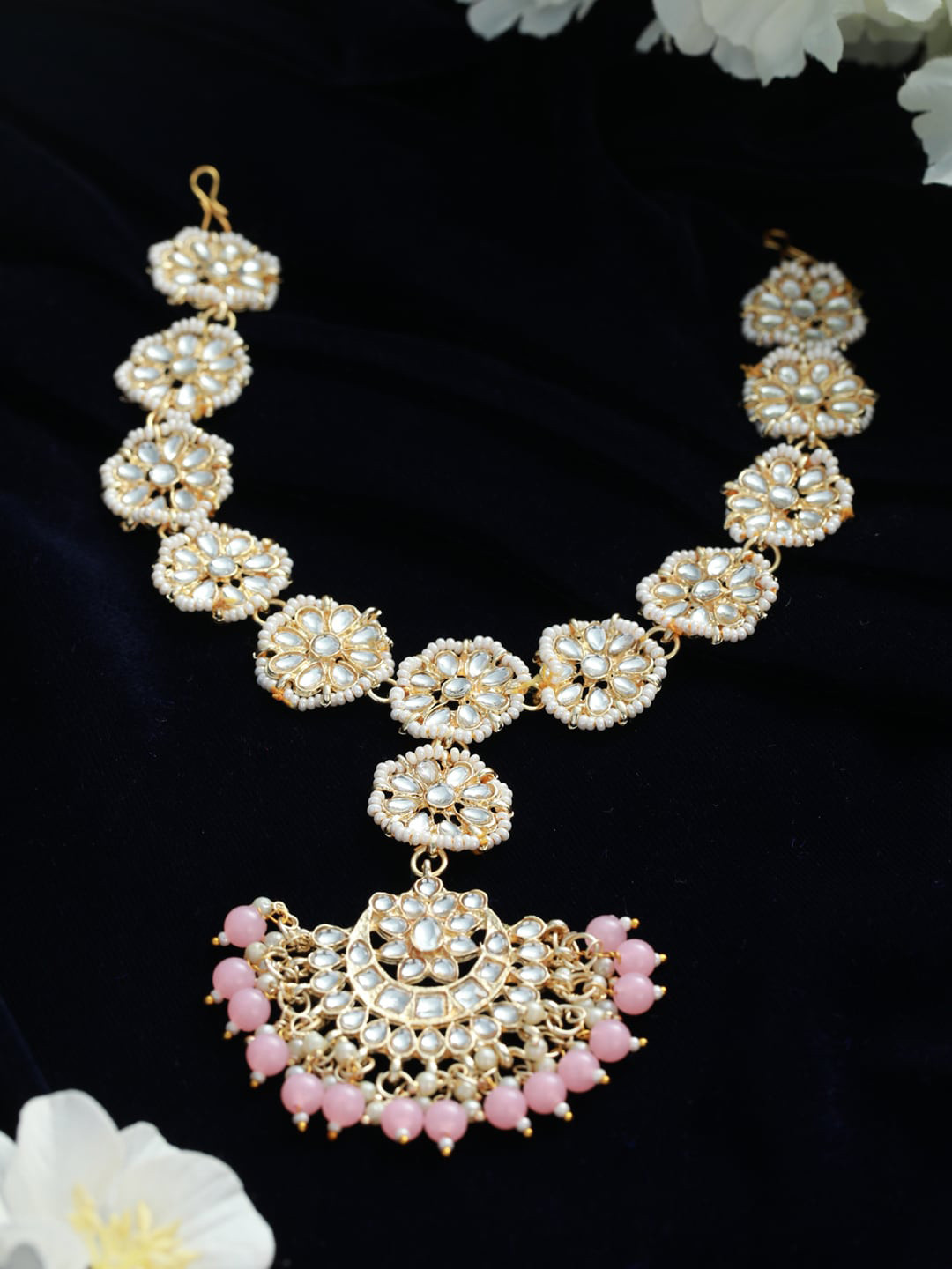 Jazz and Sizzle Gold-Plated Pink & White Sheeshphool Beaded & Studded Head Jewellery