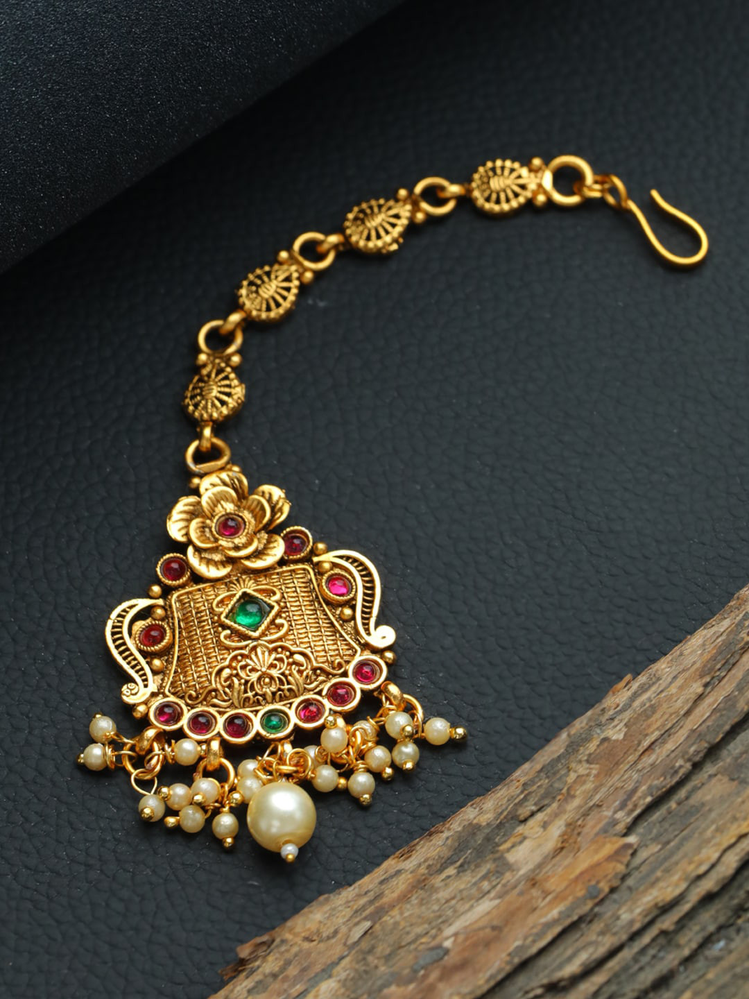 Jazz and Sizzle Gold-Plated Green & Red Stone-Studded Beaded Temple Maang Tikka