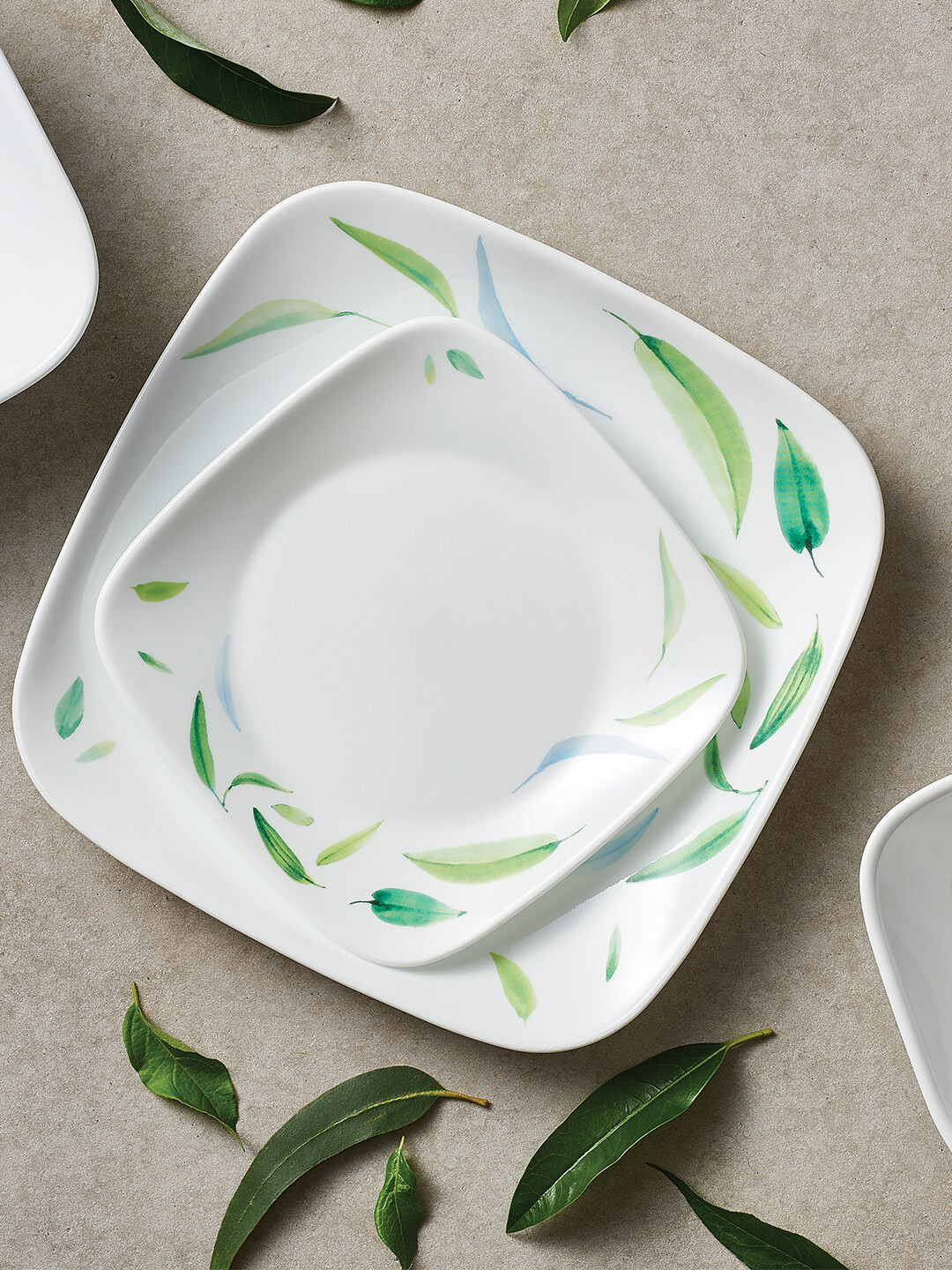 Corelle Asia Square Round White & Green 6 Pieces Floral Printed Glossy Plates