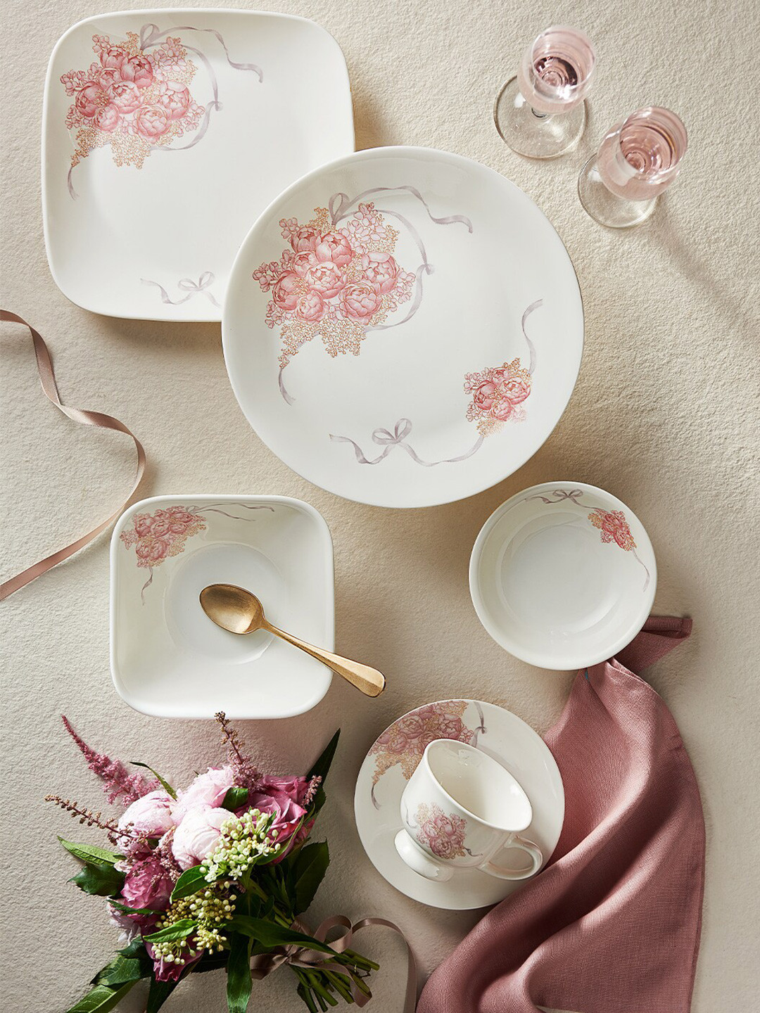 Corelle White & Pink 6 Pieces Dishwasher And Microwave Safe Floral Printed Glossy Plates