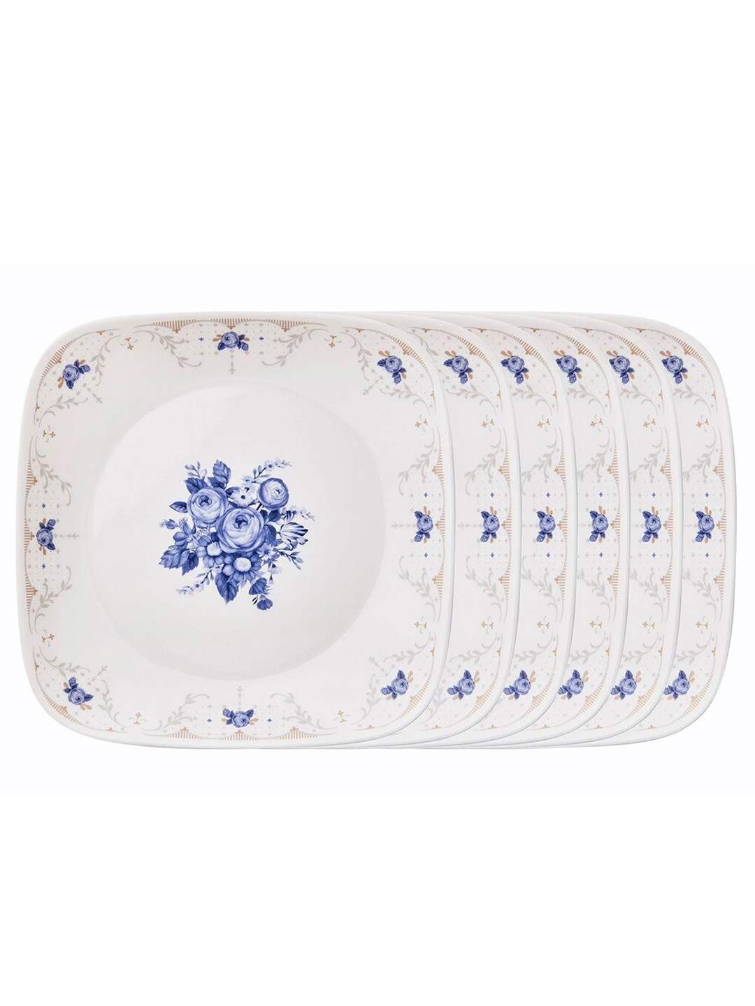 Corelle White & Blue 6 Pieces Dishwasher And Microwave Safe Floral Printed Glossy Plates