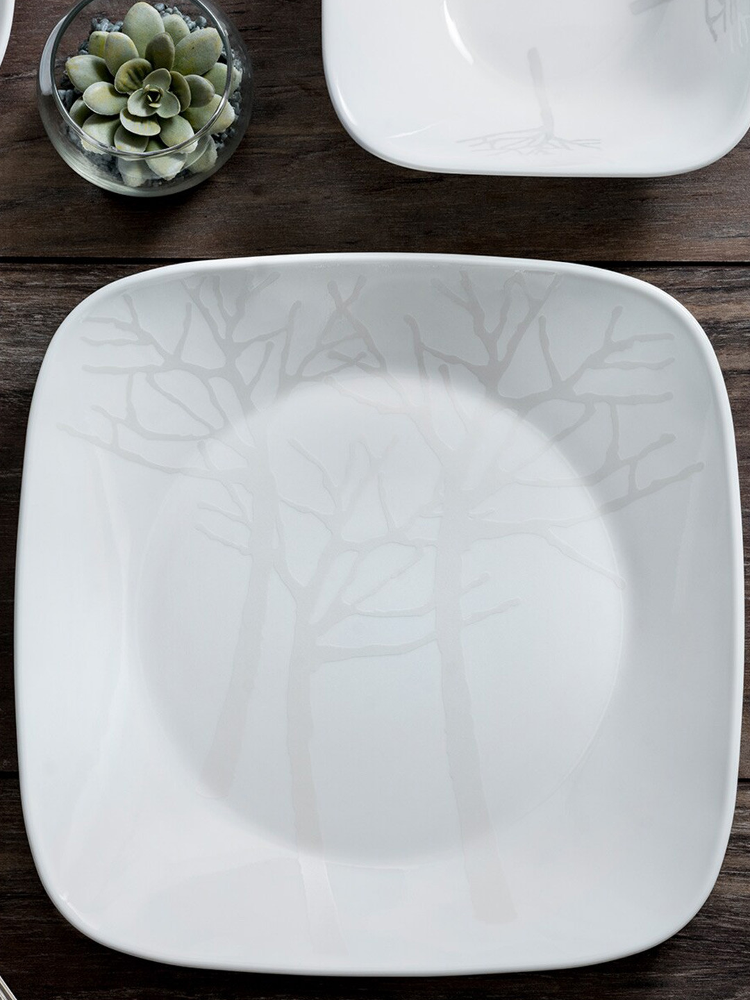 Corelle Square Round Gold White & Grey Set Of 6 Floral Printed Glossy Medium Plates