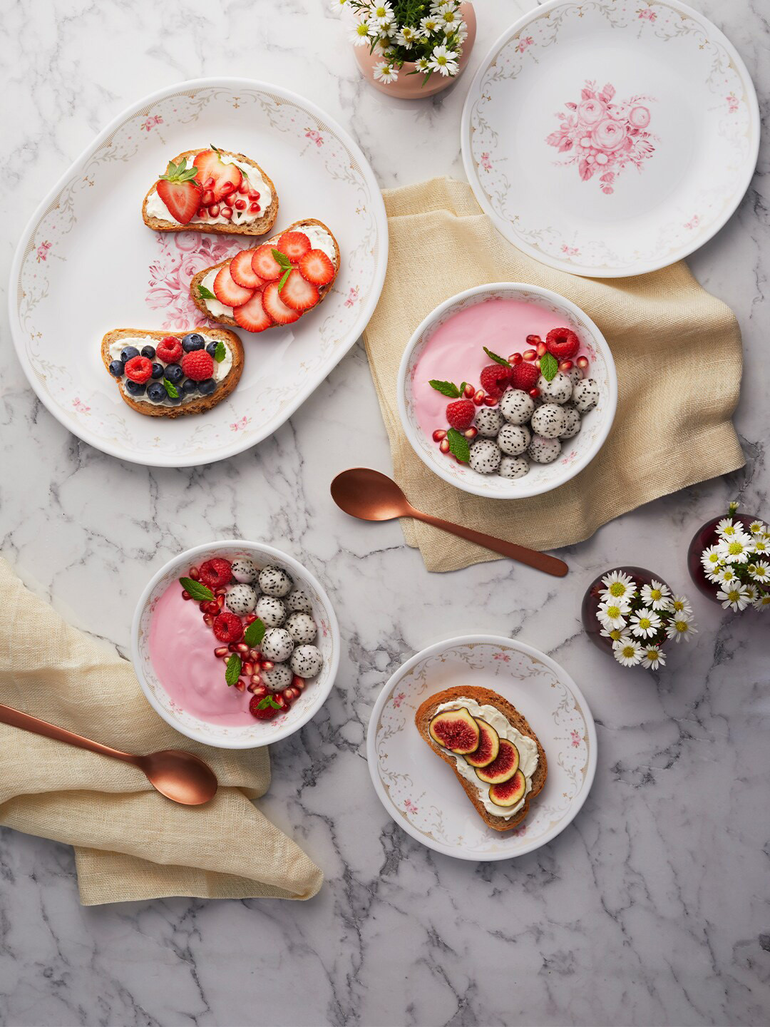 Corelle Asia Collection Gold Series White & Pink Set of 6 Floral Printed Glossy Plates