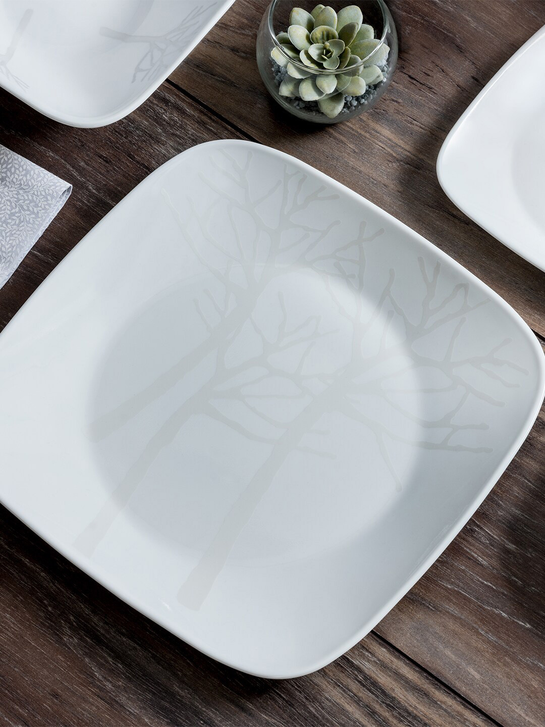 Corelle White Set of 6 Floral Printed Square Round Vitrelle Glass Glossy Plates