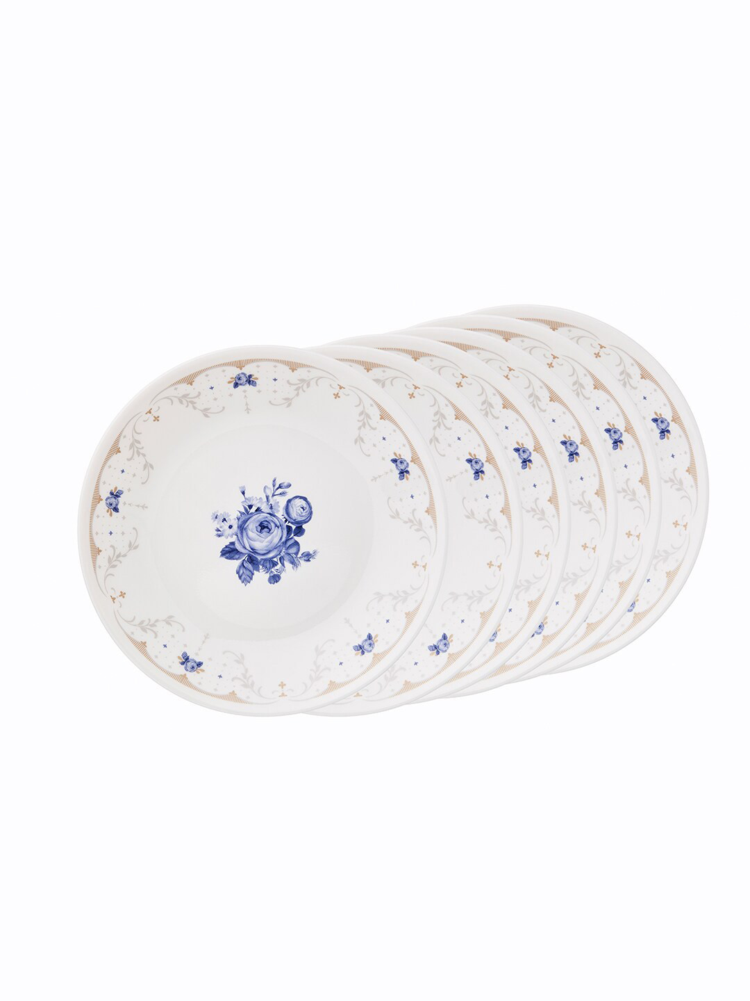 Corelle asia collection gold series White & Blue Set Of 6 Floral Printed Glossy Plates