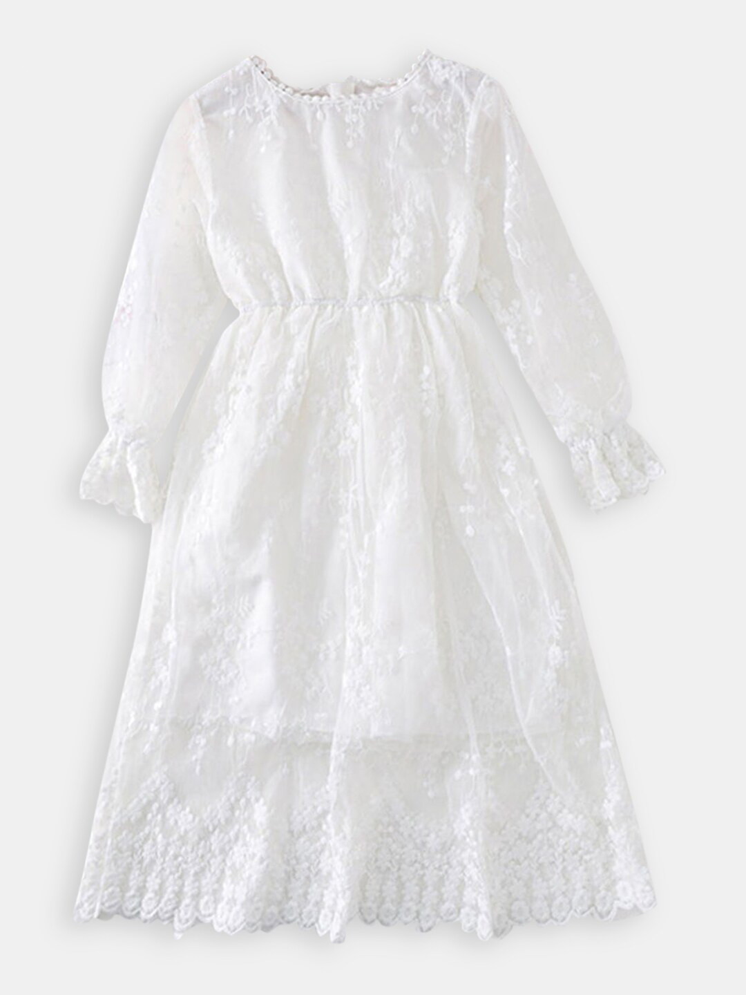 Hopscotch White Embellished Full-Sleeve Blouson Dress