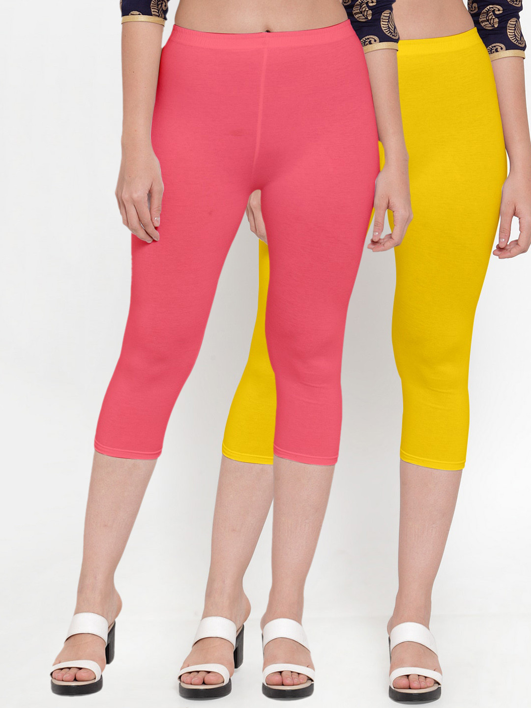 GRACIT Women Set Of 2 Yellow & Coral Capris