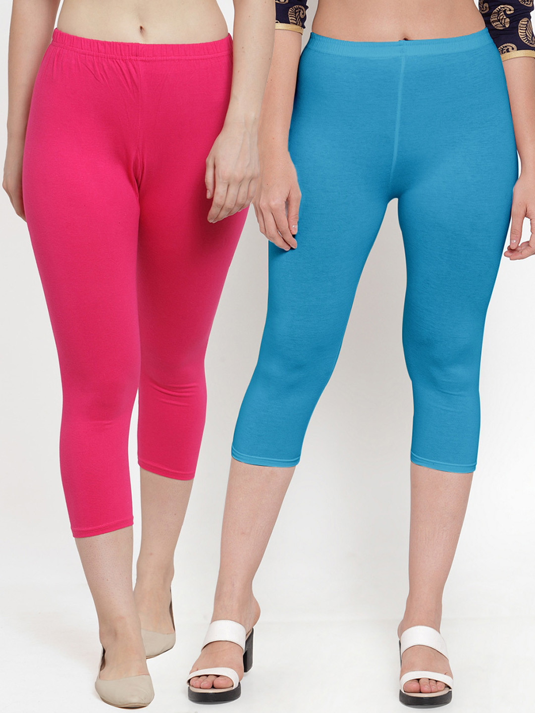 GRACIT Women Pink & Blue Cotton Lycra Capris