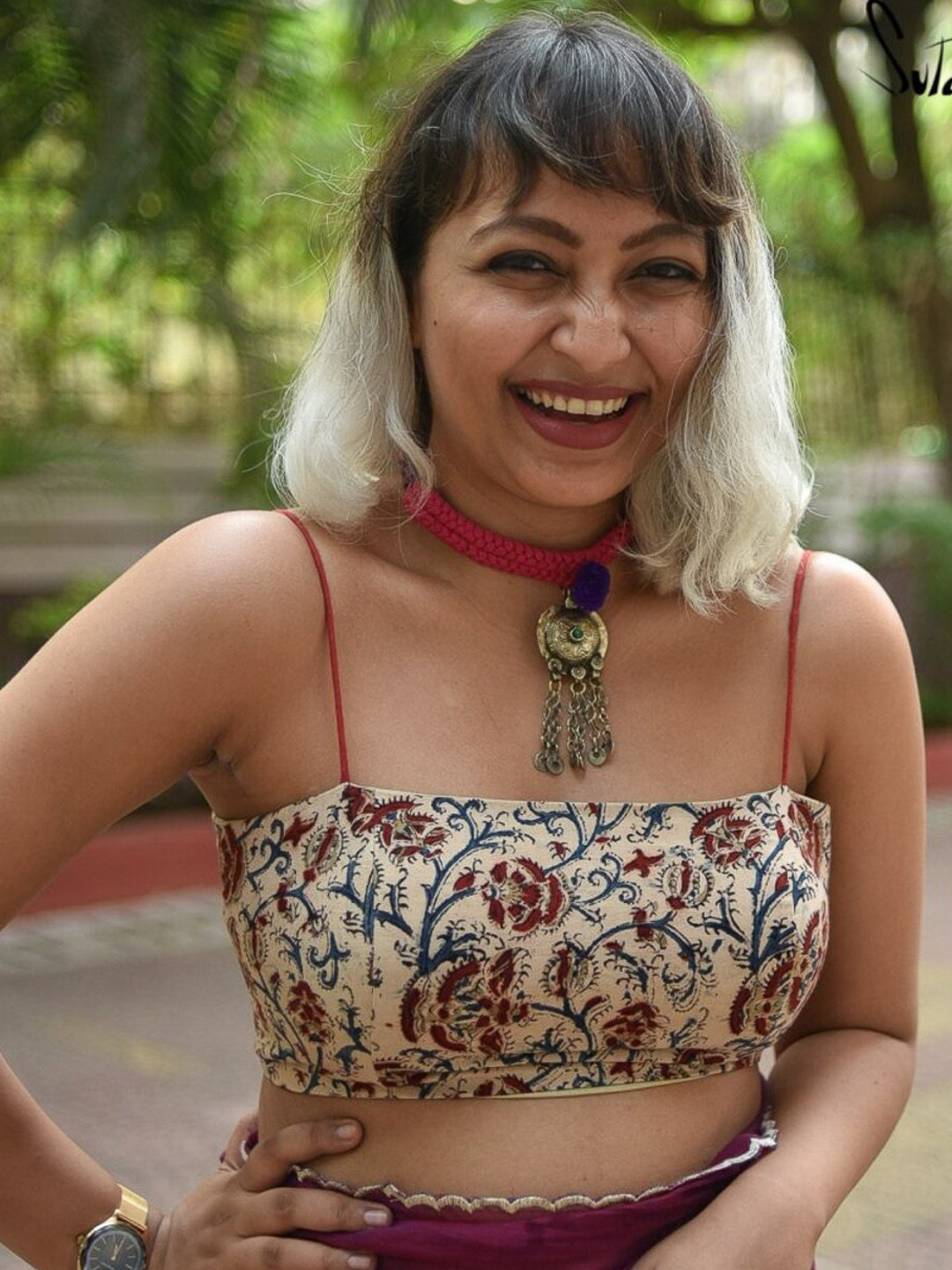 Suta White Kalamkari Printed Cotton Saree Blouse