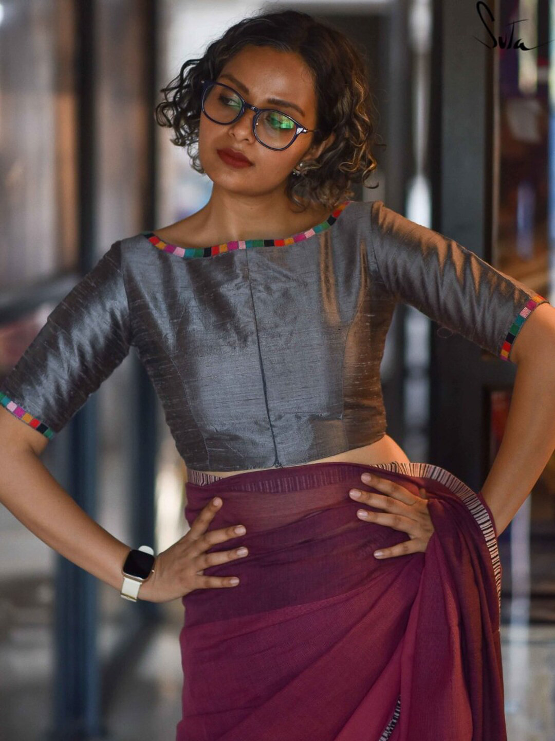 Suta Women Grey Solid Silk Saree Blouse