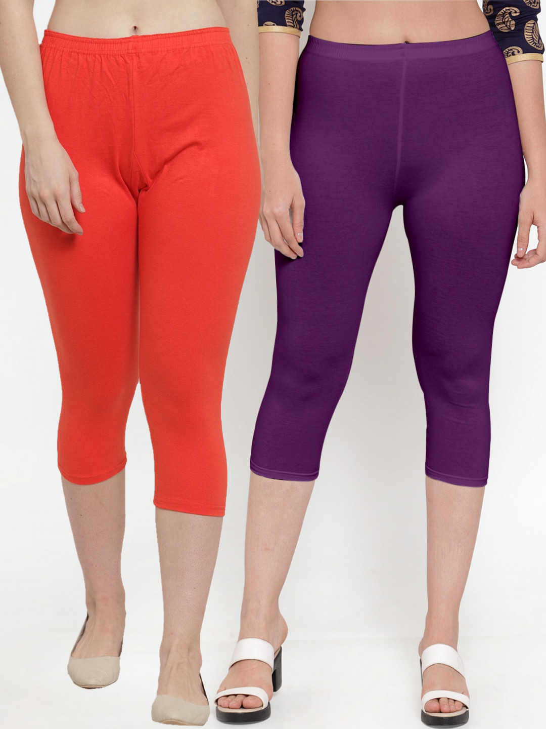 Jinfo Pack of 2 Women Orange & Purple Cotton Capris