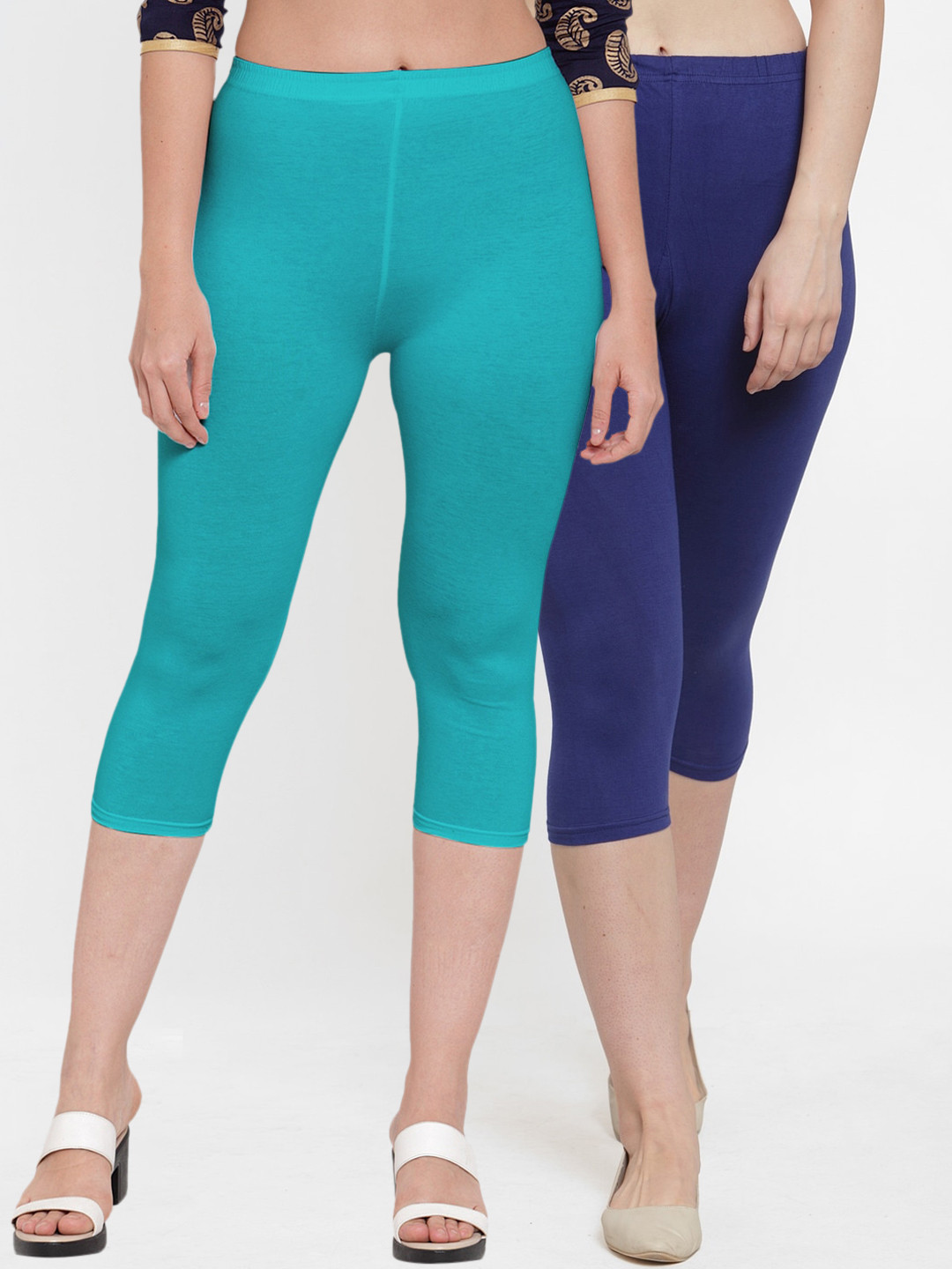 Jinfo Women Blue & Sea Green Pack of 2 Capris