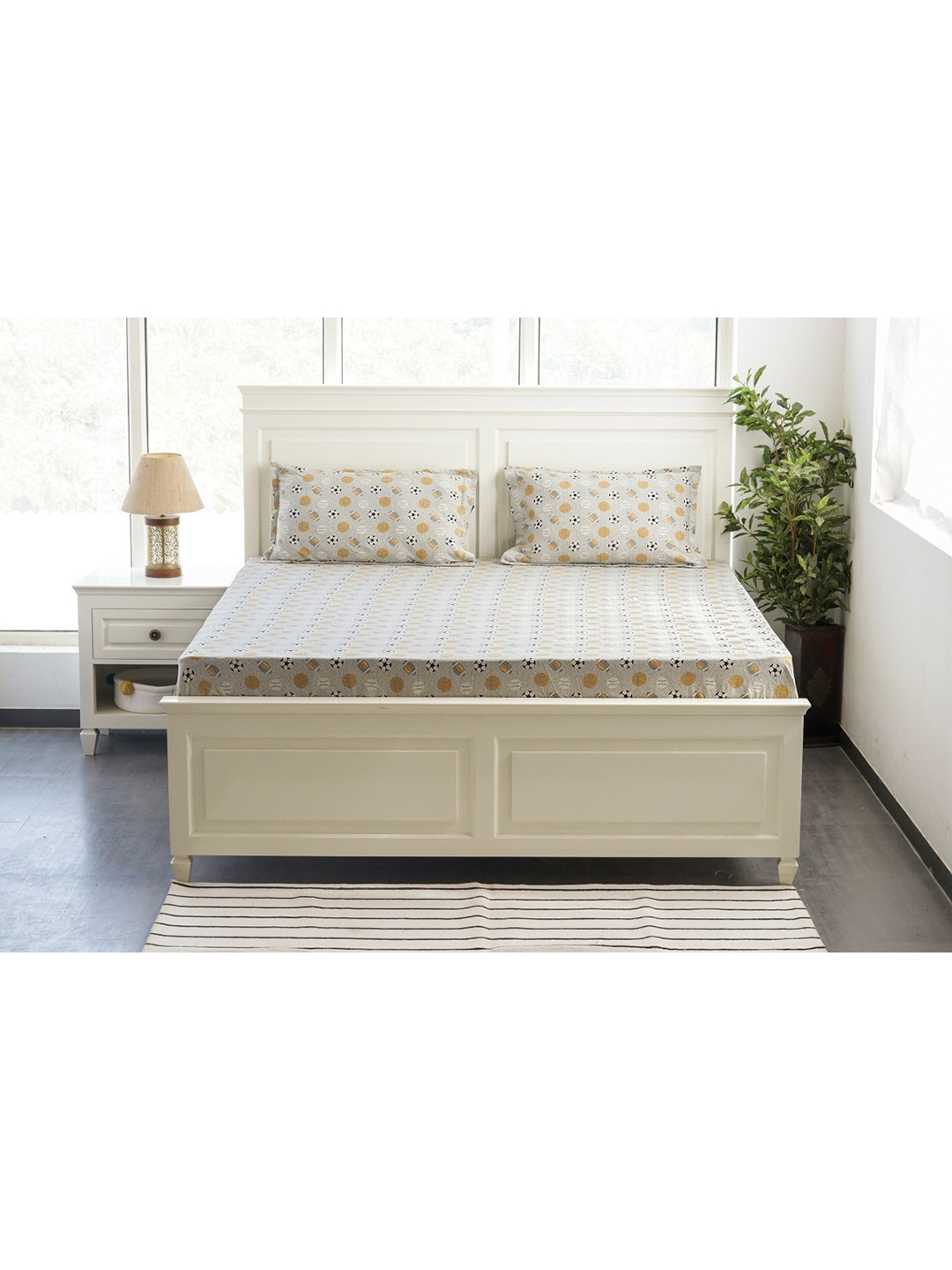 Pluchi Grey Conversational Cotton King Superfine Bedsheet with 2 Pillow Covers-182 x 198 cm