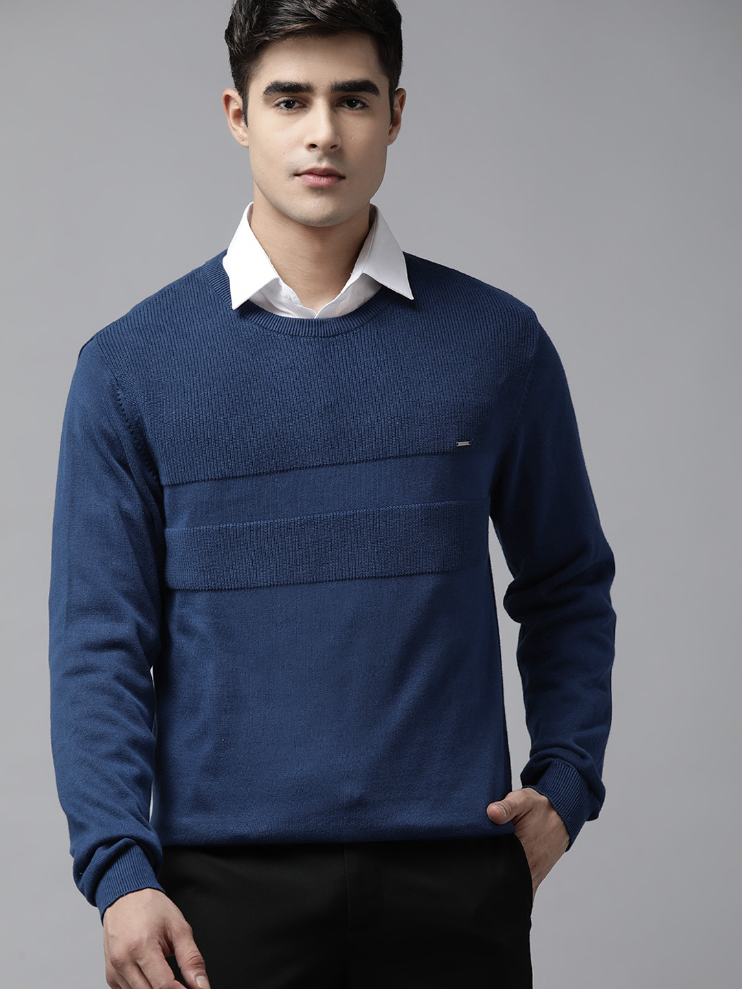 Van Heusen Men Blue Self-Striped Pullover