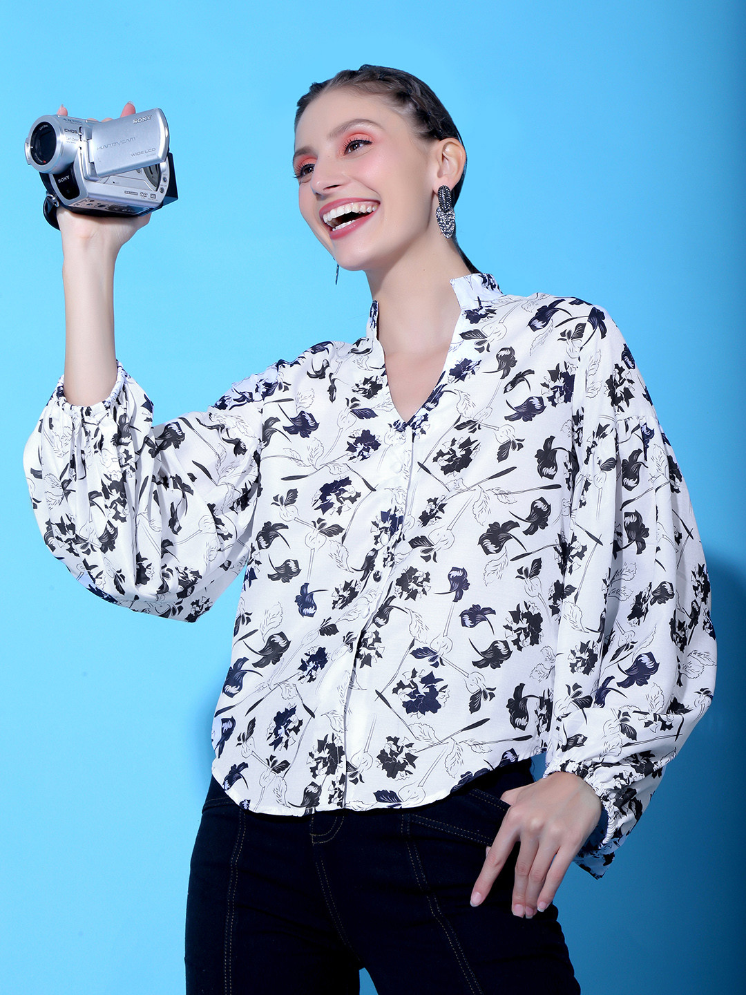 Stylecast X Hersheinbox Floral Mandarin Collar Bishop Sleeves Monochrome Shirt Style Top